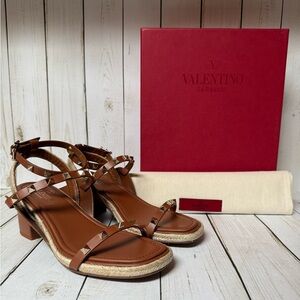 Valentino Garavani Rockstud Ankle Strap Espadrille Sandals Brown Sz 37.5 / 7.5